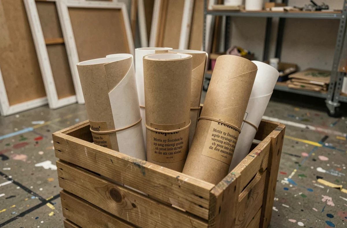 Affiches enroulées stockées verticalement dans une caisse en bois dans un atelier d'artiste avec étiquettes kraft