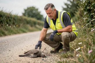 Agent municipal en gilet jaune examinant un animal mort au bord d'une route de campagne