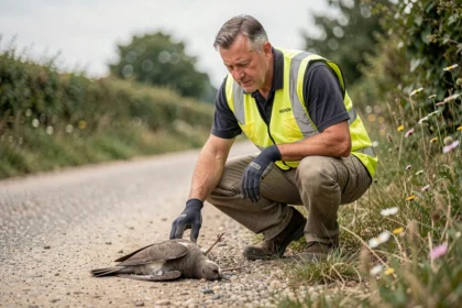 Agent municipal en gilet jaune examinant un animal mort au bord d'une route de campagne