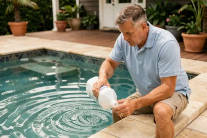 Homme versant du chlore liquide dans une piscine résidentielle extérieure aux carreaux beiges