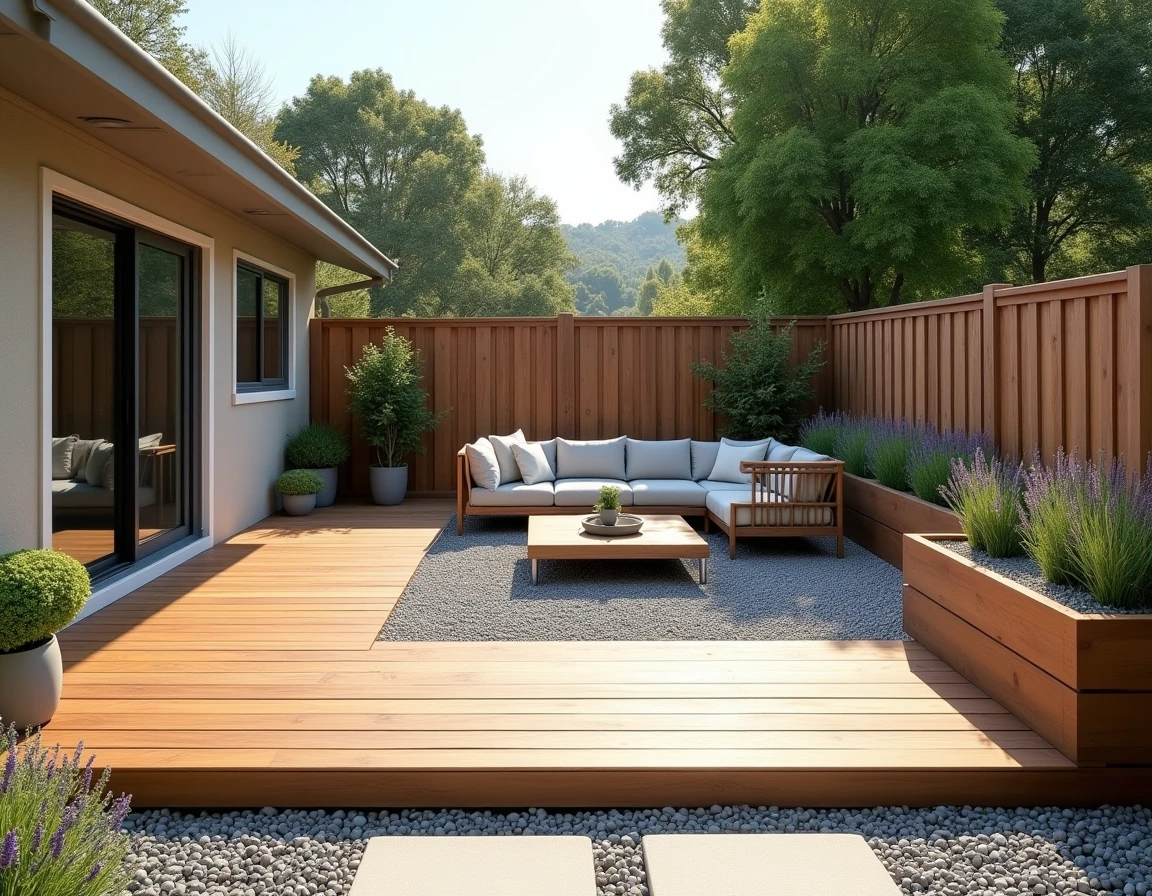 Aménagement extérieur complet avec terrasse en bois composite, graviers décoratifs et jardinières surélevées dans un jardin résidentiel