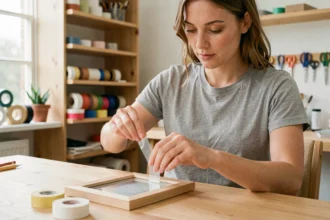 Femme appliquant du ruban adhésif sur un cadre en bois dans un atelier de bricolage bien rangé