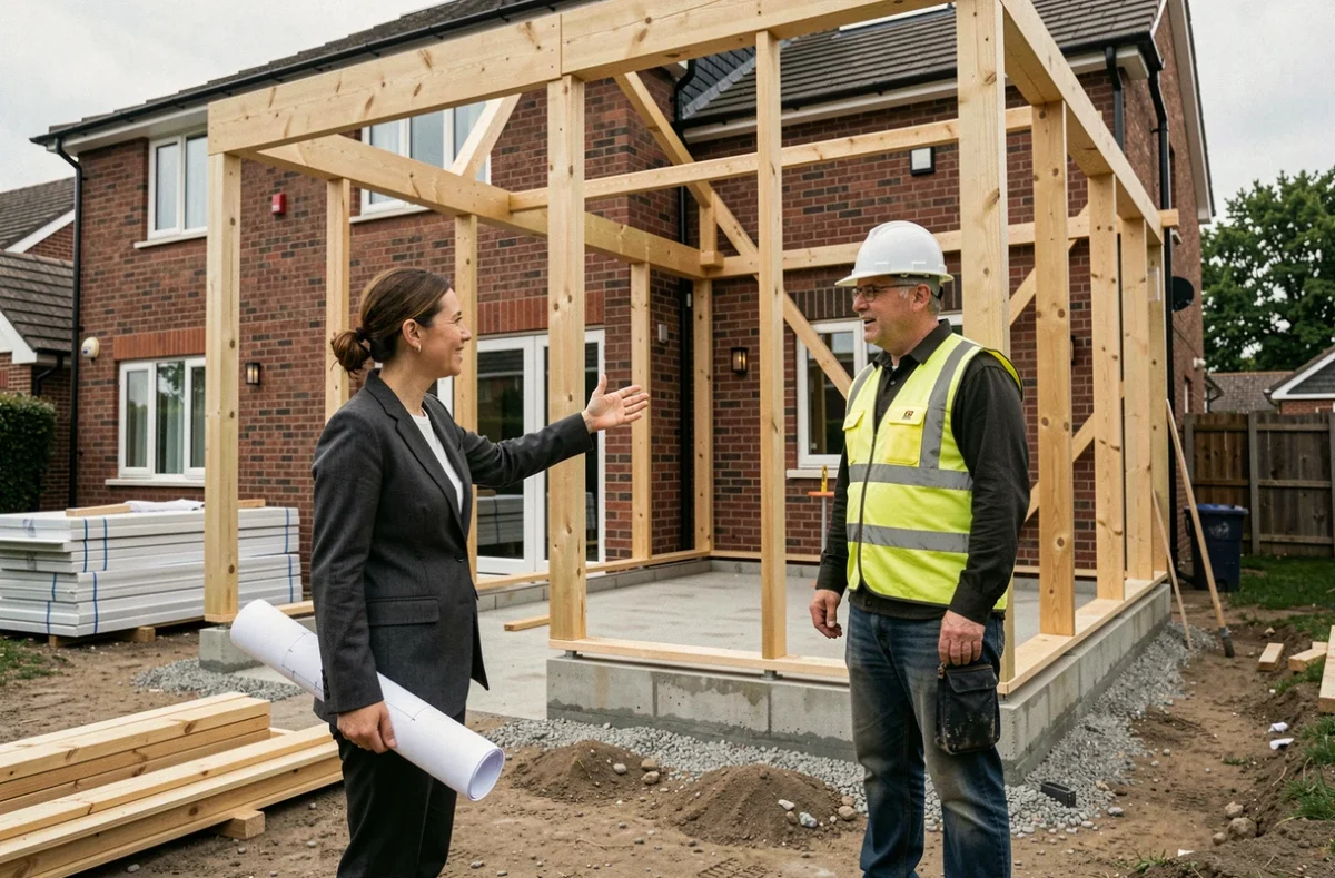 Architecte sur chantier supervisant la construction d'une extension de maison avec un chef de chantier