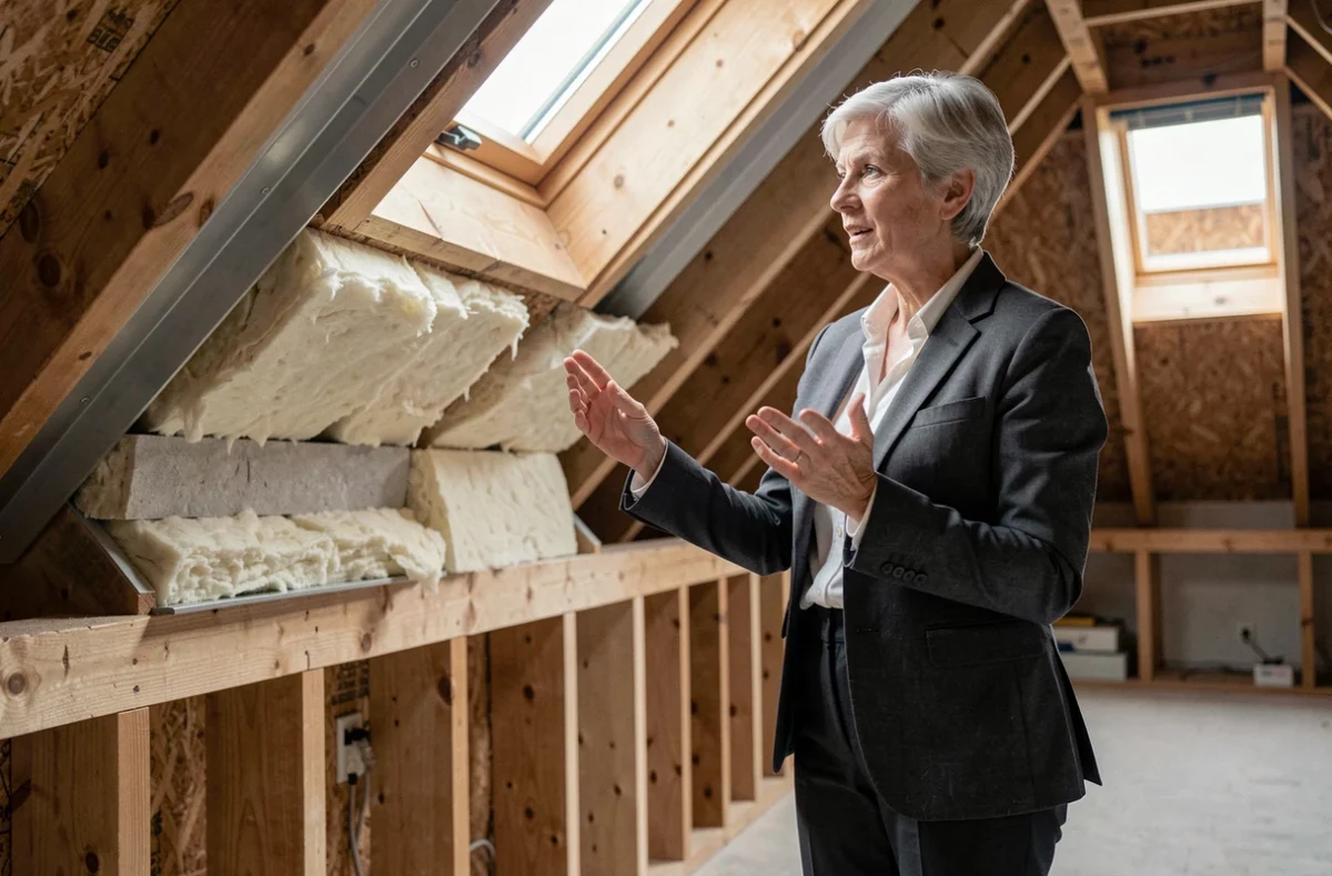 Architecte présentant les couches d'isolation thermique d'une toiture en rénovation, avec laine minérale et bardage métallique visibles en coupe