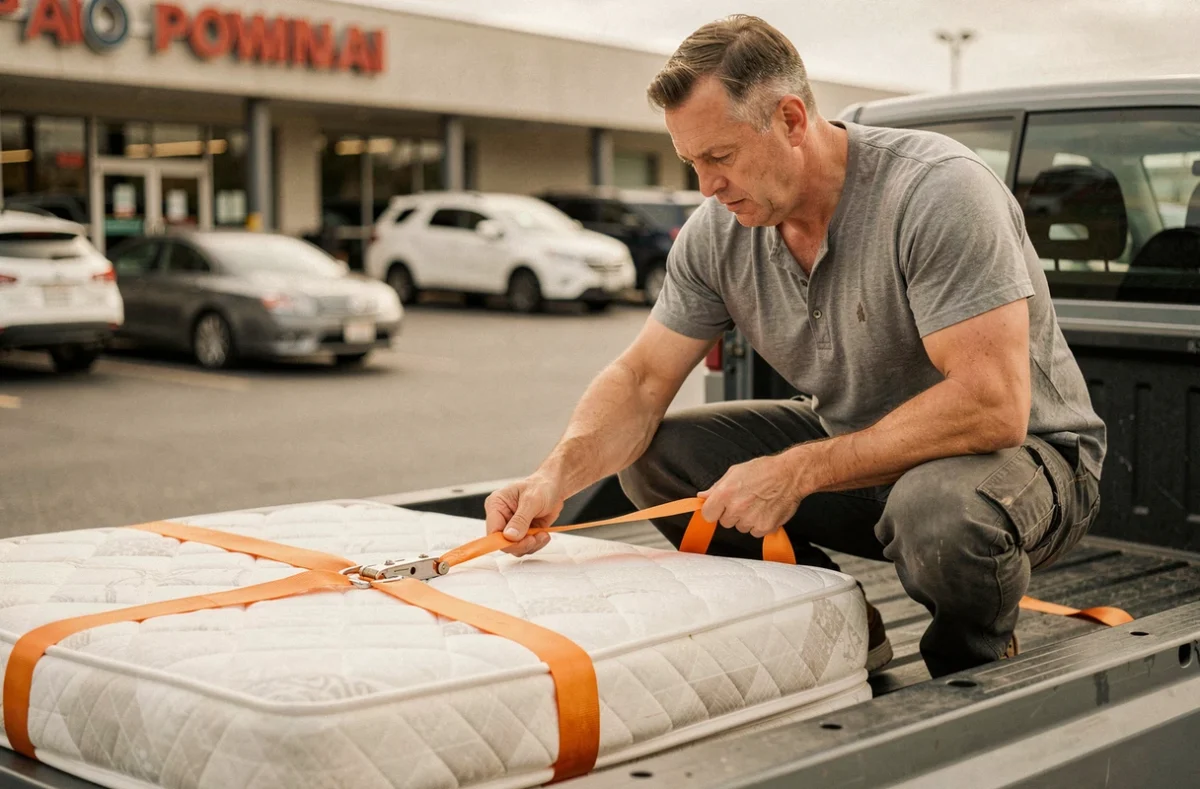 Homme en train d'arrimer un matelas avec des sangles sur un pick-up dans un parking de magasin