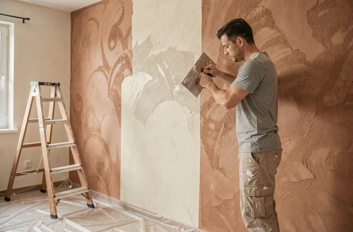 Artisan appliquant un enduit décoratif texturé sur un mur intérieur avec une taloche