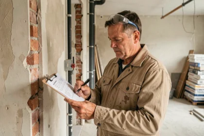 Artisan évaluant des travaux de rénovation dans un appartement en chantier avec clipboard d'estimation