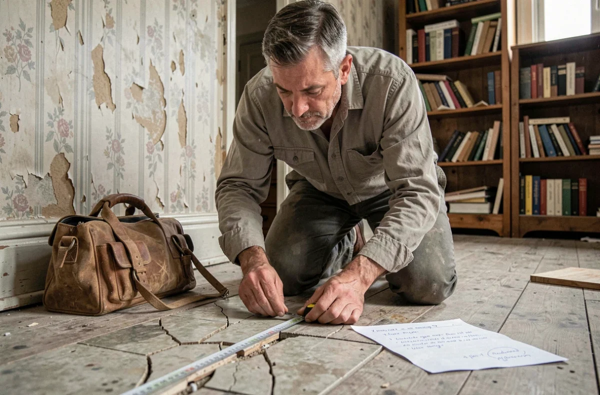Artisan mesurant le sol d'une maison ancienne lors d'une visite d'estimation avant travaux de rénovation