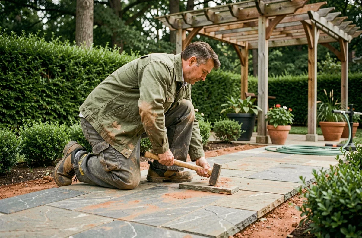 Artisan posant des dalles en pierre naturelle dans un jardin résidentiel avec pergola en bois en arrière-plan