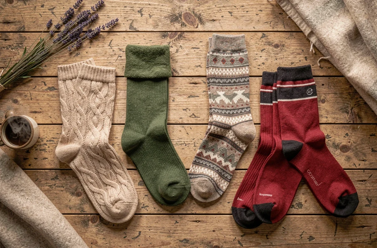 Assortiment de chaussettes chaudes posées à plat sur du bois brut — laine, polaire, alpaga et thermiques