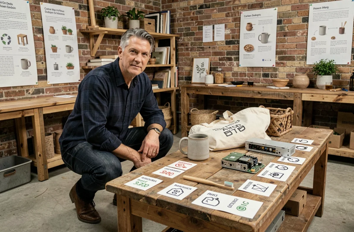Homme dans un atelier d'éco-conception examinant des objets du quotidien avec leurs indicateurs environnementaux affichés