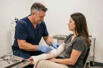 Technicien orthopédique appliquant une attelle en fibre de verre sur l'avant-bras d'une patiente dans une clinique médicale moderne, alternative au plâtre traditionnel