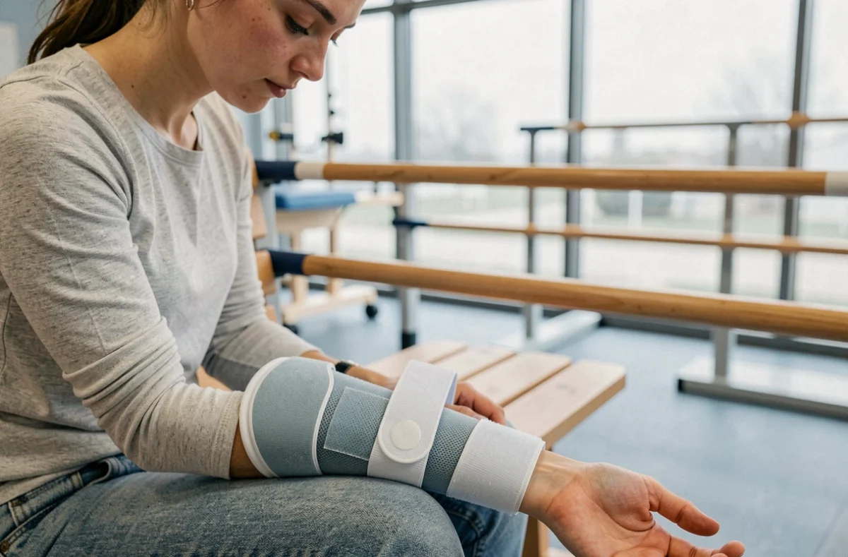 Jeune femme portant une attelle thermoplastique amovible sur le poignet en centre de rééducation orthopédique, solution moderne alternative au plâtre