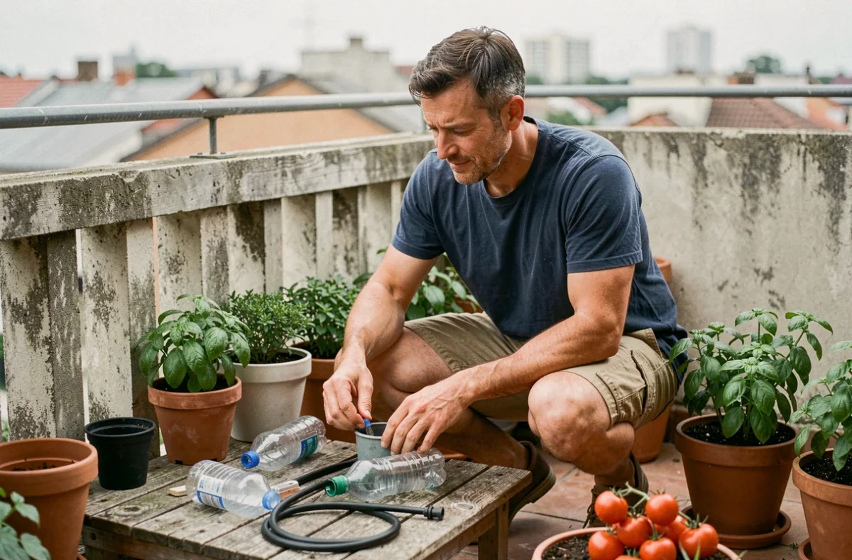 Homme assemblant un système d'auto-arrosage DIY avec bouteilles en plastique et tubes sur un balcon potager urbain