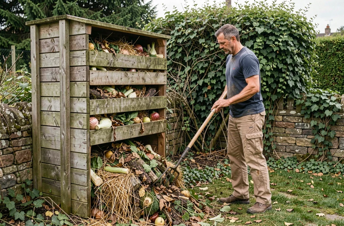 Homme retournant un tas de compost organique dans un bac en bois au fond d'un jardin résidentiel