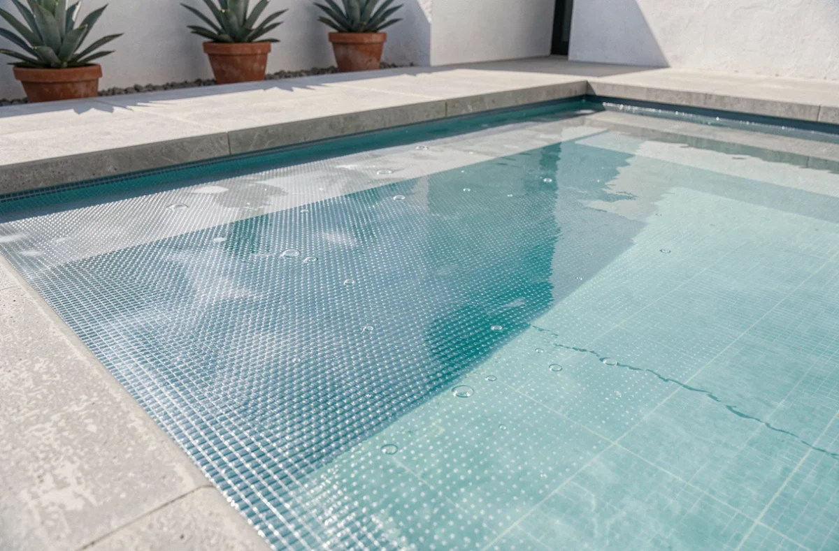 Gros plan sur une couverture solaire à bulles transparente posée sur une piscine bleue en été