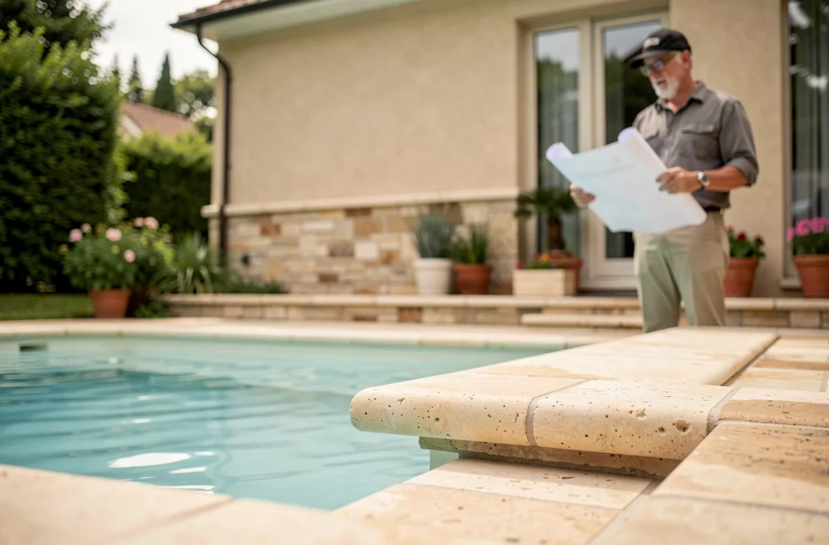 Vue rapprochée du bord d'une piscine enterrée avec les fondations d'une maison visible en arrière-plan dans un jardin résidentiel