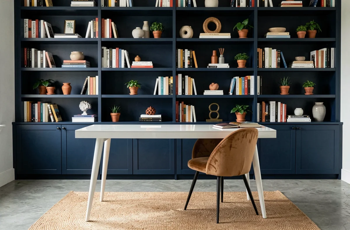 Bureau à domicile chic avec étagères bleu marine, bureau laqué blanc et fauteuil en velours camel sur béton poli