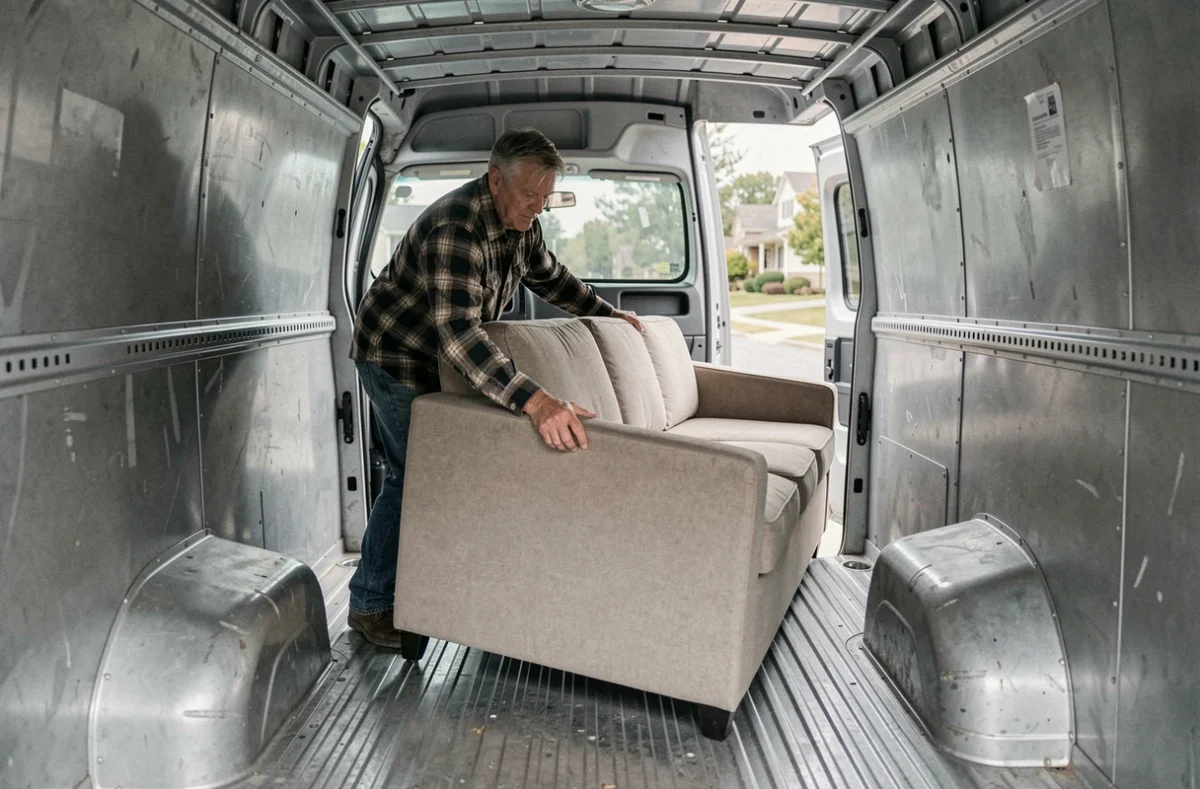 Un homme tirant un canapé beige à l'intérieur d'une camionnette de déménagement vue de l'extérieur
