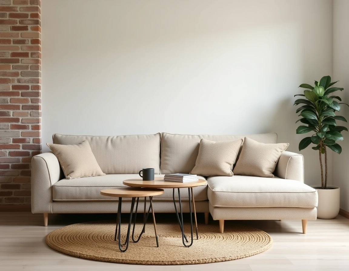 Salon scandinave avec canapé en U en bouclé beige et tables basses gigognes en bouleau naturel sur tapis jonc