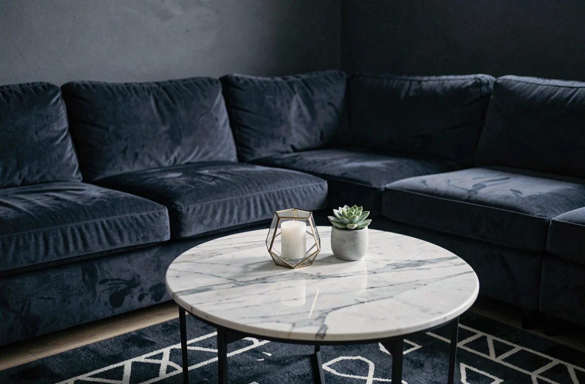 Canapé en U velours bleu marine avec table basse ronde en marbre blanc veiné dans un salon sombre et élégant