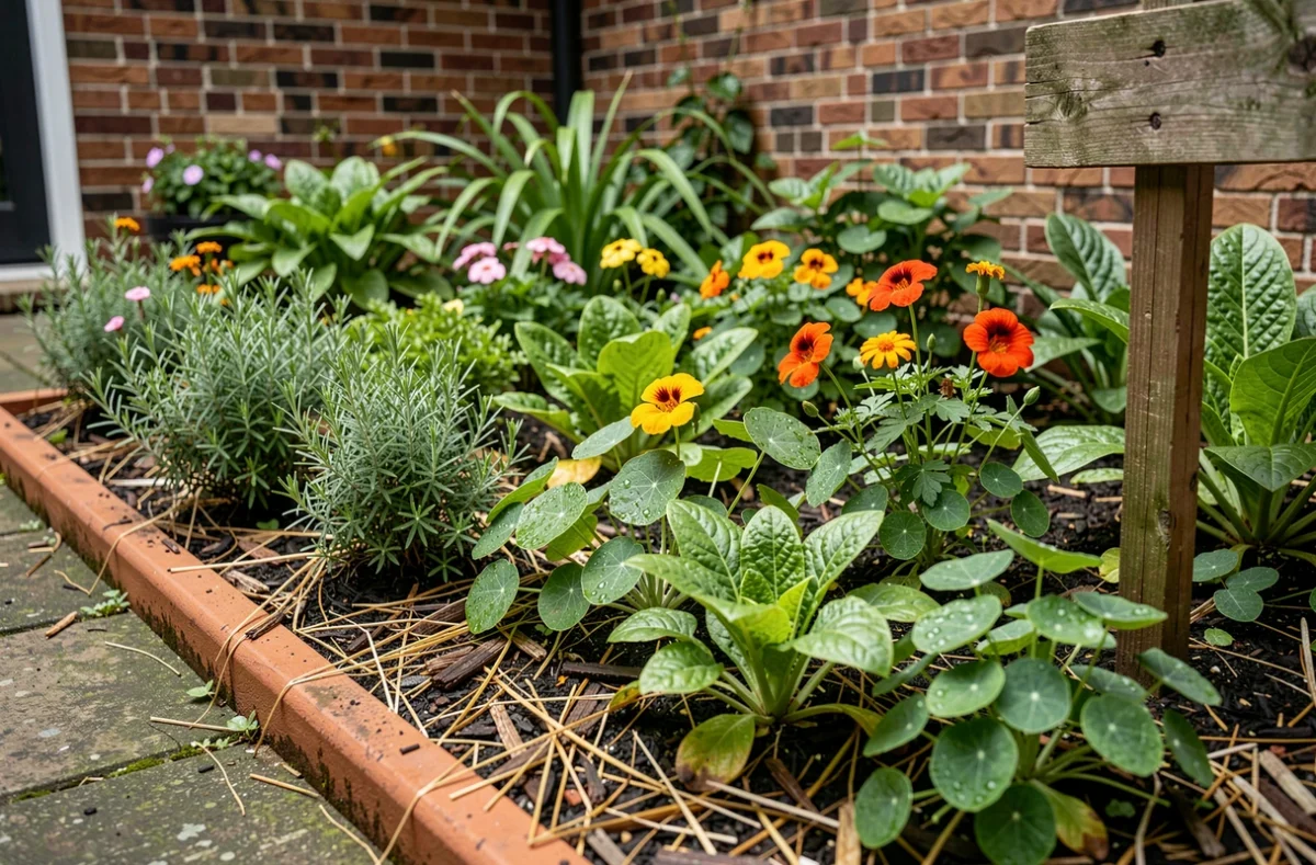 Carré de potager en permaculture avec plantes compagnes, paillis et fleurs comestibles dans une cour urbaine