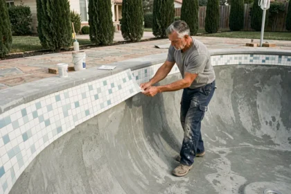 Poseur de carreaux installant des mosaïques dans un bassin de piscine en béton brut en cours de construction