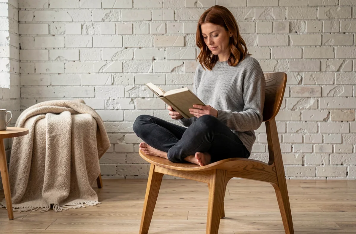 Femme assise sur une chaise en bois massif scandinave dans un salon cosy, illustrant le confort des assises naturelles