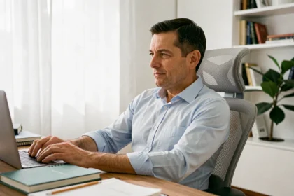 Homme assis confortablement dans un fauteuil de bureau ergonomique en mesh respirant lors d'une longue session de travail