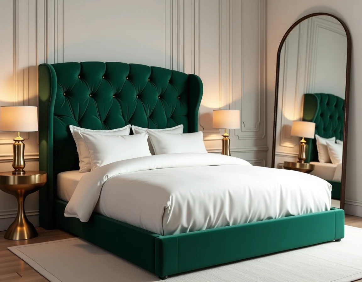 Chambre chic avec tête de lit en velours émeraude, literie blanche et tables de chevet en laiton dans un intérieur contemporain