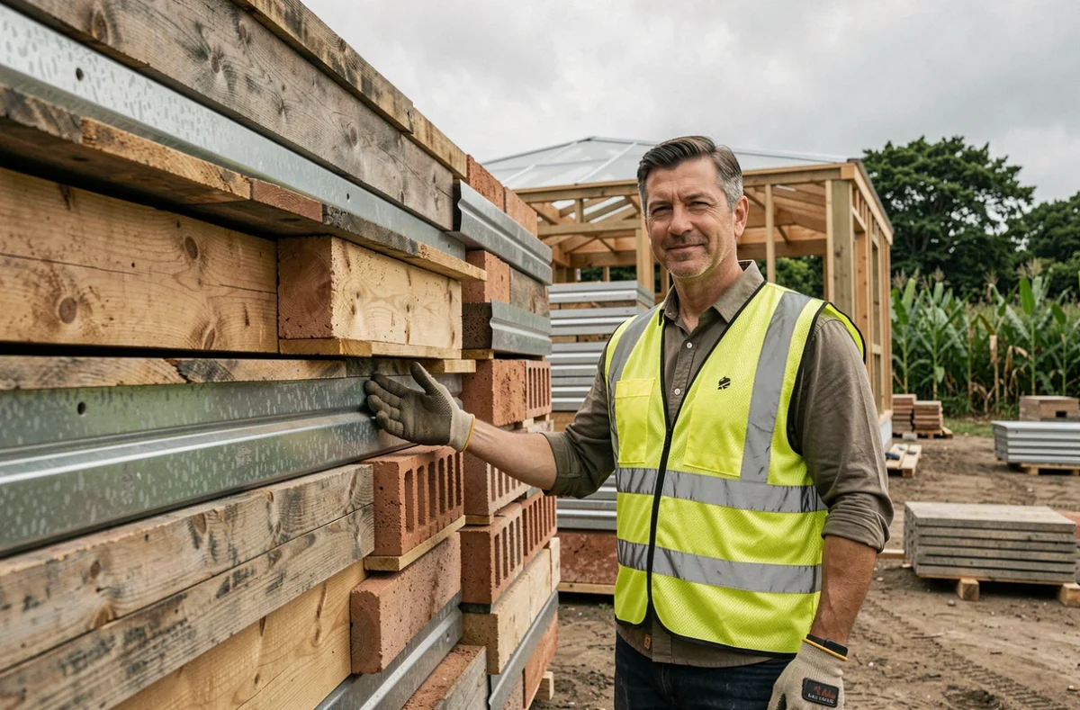 Professionnel du bâtiment présentant des matériaux de construction écologiques et recyclés sur un chantier durable