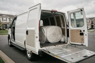 Utilitaire blanc avec hayon ouvert et matelas enroulé dans du film plastique en cours de chargement
