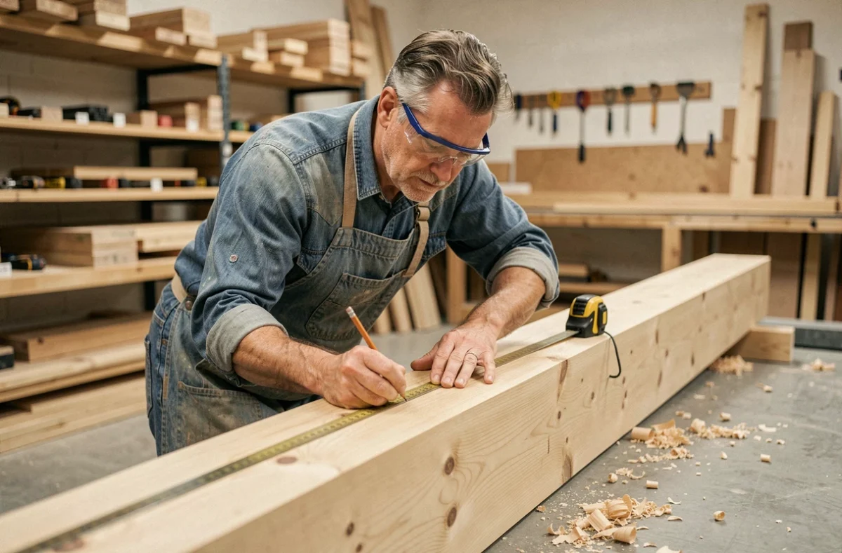 Charpentier mesurant une poutre en bois lamellé dans un atelier artisanal, tablier en jean et lunettes de protection, ambiance professionnelle