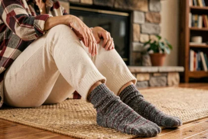 Femme portant des chaussettes épaisses en laine sur un parquet en bois dans un salon cosy avec cheminée
