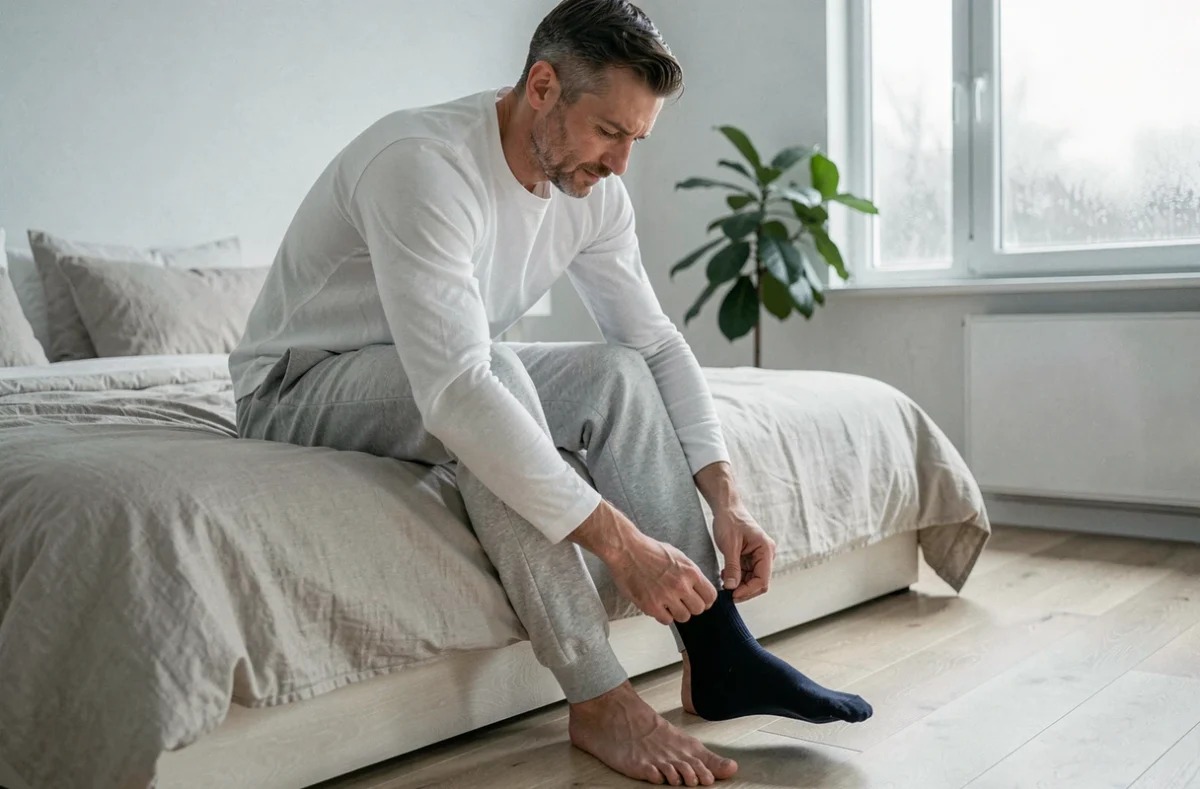 Homme enfilant des chaussettes thermiques en laine mérinos assis sur un lit dans une chambre scandinave