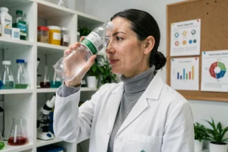 Chercheuse en laboratoire analysant les indicateurs environnementaux d'un objet en plastique recyclé