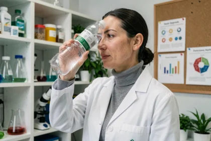 Chercheuse en laboratoire analysant les indicateurs environnementaux d'un objet en plastique recyclé