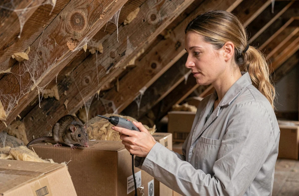 Chercheuse tenant un répulsif ultrasonique face à un rat recroquevillé dans un grenier poussiéreux, illustration des sons qui effraient les rats