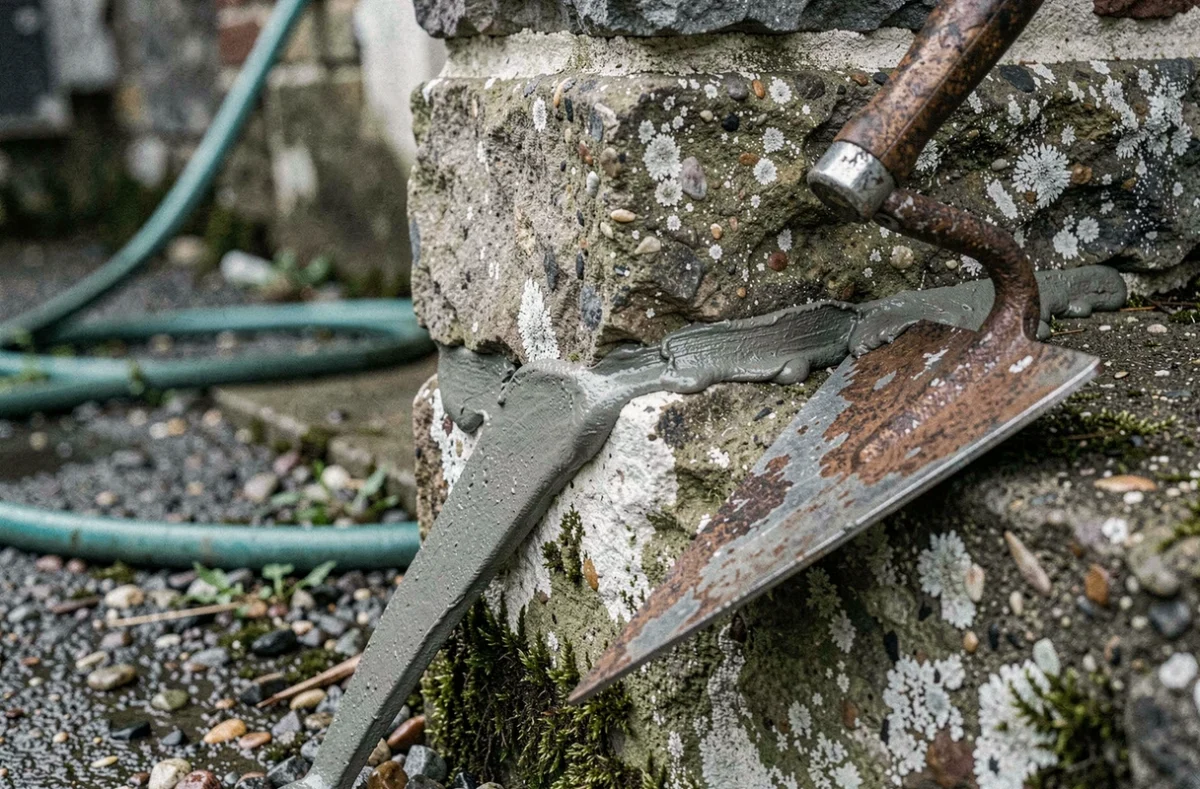 Application de ciment hydraulique sur une fissure de fondation pour imperméabiliser un mur contre les infiltrations de pluie