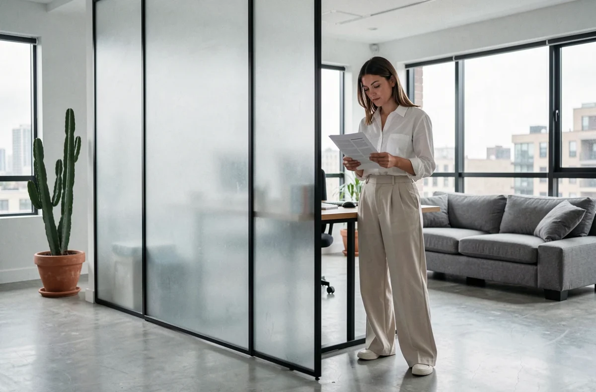 Femme dans un espace bureau ouvert délimité par une cloison en verre dépoli sur cadre métallique noir