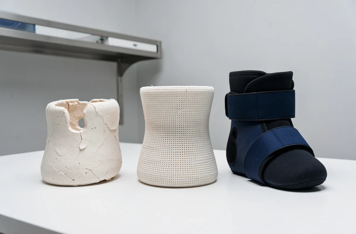 Comparaison de trois dispositifs d'immobilisation orthopédique : plâtre traditionnel, attelle en fibre de verre et chevillère gonflable, alternatives modernes au plâtre