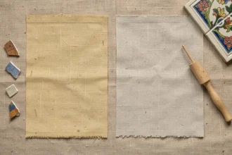 Comparaison côte à côte de deux échantillons de tissu beige toile et beige accessible sur une surface en lin naturel avec des cartes de couleur