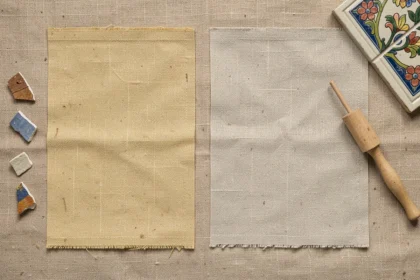Comparaison côte à côte de deux échantillons de tissu beige toile et beige accessible sur une surface en lin naturel avec des cartes de couleur