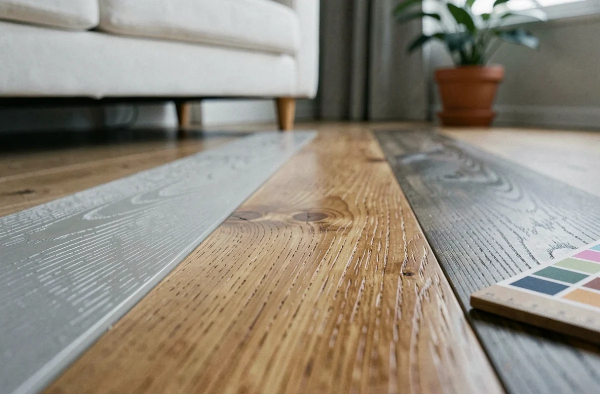 Comparaison de trois finitions de parquet mat, huilé et brossé sur un sol de salon moderne