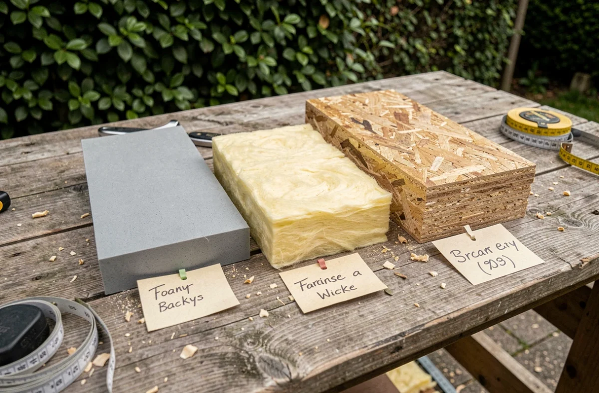 Comparaison de trois matériaux d'isolation pour toiture posés sur un établi en bois : polystyrène extrudé, laine de verre et panneau en fibre de bois
