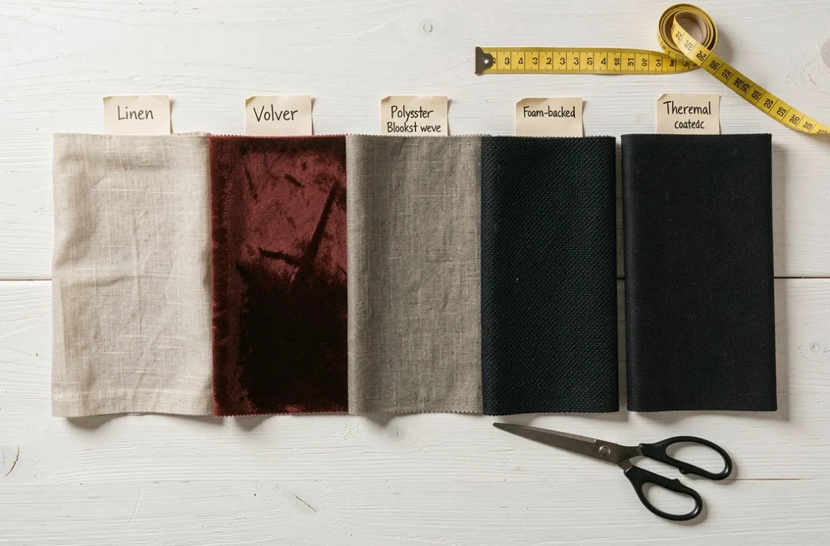 Comparaison de matériaux occultants en échantillons de tissu posés à plat sur une table en bois blanc avec étiquettes