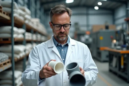 Ingénieur comparant un tube en PVC blanc et un tube en polypropylène gris dans une usine de fabrication de plastiques