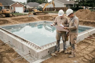 Chantier de construction d'une piscine rectangulaire en béton dans un jardin résidentiel avec ouvriers et ferraillage apparent