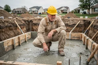 Ouvrier du bâtiment inspectant les murs en béton d'un sous-sol en cours de construction sur un chantier résidentiel