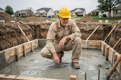 Ouvrier du bâtiment inspectant les murs en béton d'un sous-sol en cours de construction sur un chantier résidentiel